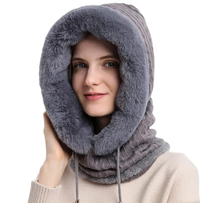 HUAMULAN Women Cable Knit Balaclavas Winter Fleece Lined Beanie Hat - color: Grey