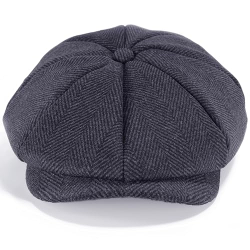 Mens Newsboy Cap High Woolen Tweed Gatsby Hat Ivy Cabbie Flat Golf Cap for Fathers Women Unisex - color: Herringbone Grey 1, size: 7 1/2-7 3/4