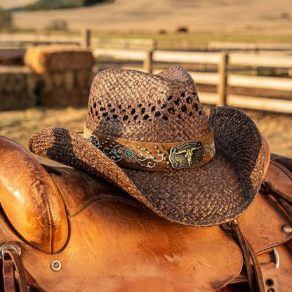 Keilin Cowboy Hats for Women and Men - Straw Teardrop Western Cowgirl Cowboy Sun Hat for Teens and Adults - color: Brown Studs Longhorn Skull