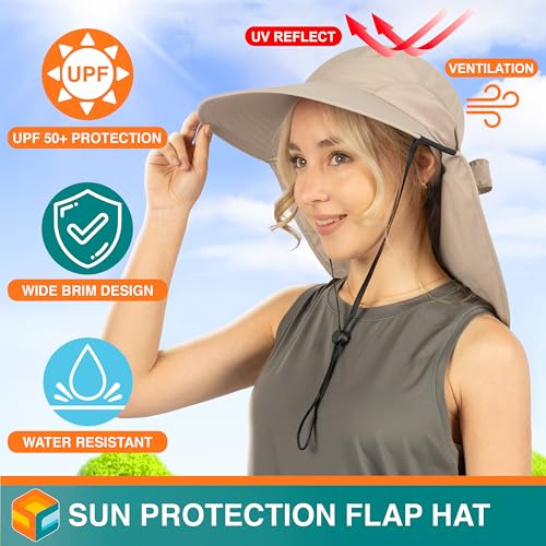 SUN CUBE Wide Brim Sun Hat with Neck Flap for Men Women, UPF50+ Fishing - color: Tan With Bow
