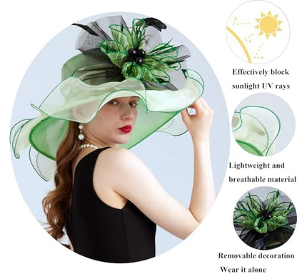 Women Organza Derby Hat Fascinator Tea Party Wedding Church Derby Hat Fascinator Hats Dual-use - color: 02b Light Green