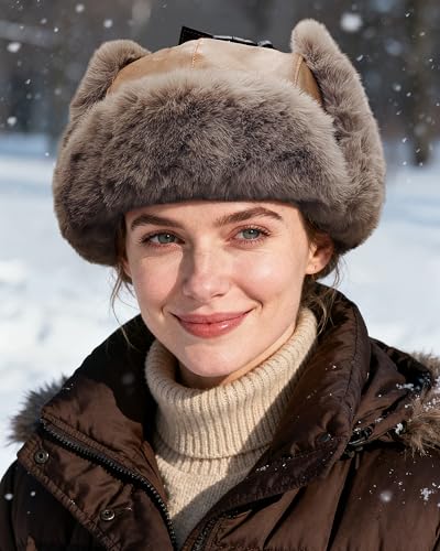 Croogo Eskimo Hat Russian Ushanka Trooper Hat Leather Trapper Aviator Hats Fur Lined Earflap Winter Cap Snow Ski Hats - color: Pl2508-camel
