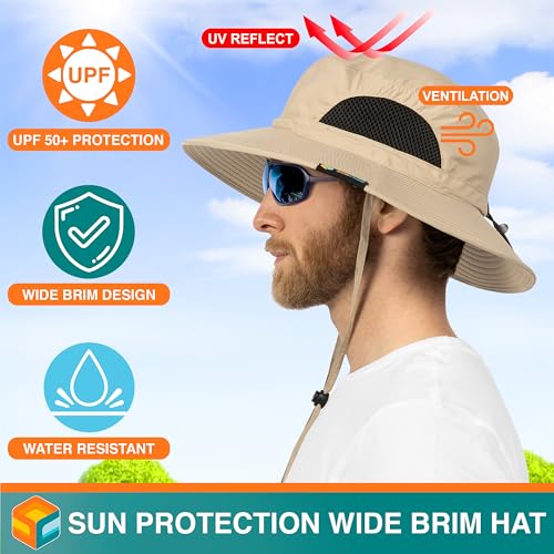 SUN CUBE Wide Brim Sun Hat for Men & Women, UPF 50+ UV Protection, Mesh Boonie Hat with Chin Strap, Fishing Hiking Hat - color: Tan