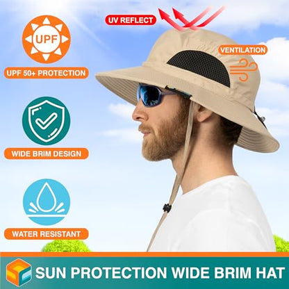 SUN CUBE Wide Brim Sun Hat for Men & Women, UPF 50+ UV Protection, Mesh Boonie Hat with Chin Strap, Fishing Hiking Hat - color: Tan