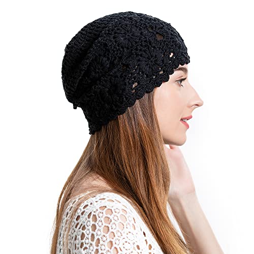 ZLYC Women Cotton Crochet Slouchy Beanie Hat Handmade Knit Summer Skull Cap - color: Solid Black