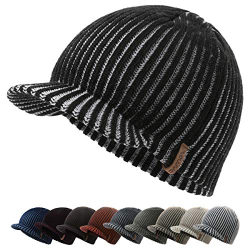 zowya Winter Visor Beanie Hat for Men & Women Brim Knit Skully Hats Billed Skull Cap Thick Vintage Contrast Color,1Hat - color: Balck