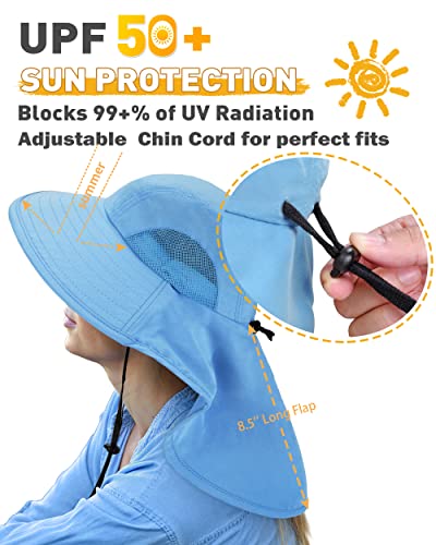 Tirrinia Wide Brim Sun Hat with Neck Flap for Men & Women - color: #Blue