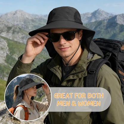 Sun Hat for Men Women with Neck Flap,UPF 50+ UV Protection Fishing Hat - color: 1pack-black