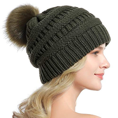 Women Knit Slouchy Beanie Chunky Baggy Hat with Faux Fur Pompom Winter Soft Warm Ski Cap - color: B5-dark Olive