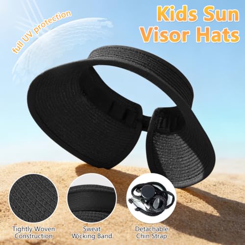 ZOORON Girls Straw Sun Visor Hat, Wide Brim Ponytail Beach Hat with Bow - color: Black