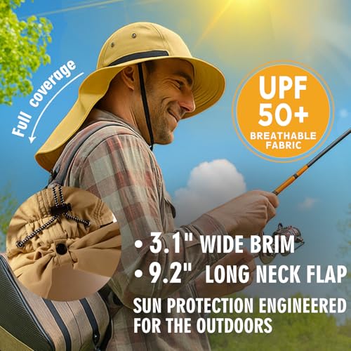 TOP-EX Oversized UPF50+ Sun Hat for Big Heads with Neck Flap & Wide Brim - color: Khaki, size: Medium-Large