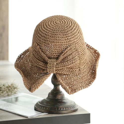 Foldable Wide Brim Floppy Straw Beach Sun Hat,Summer Bucket Cap with Bowknot for Women Girls - color: Khaki
