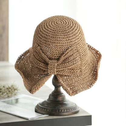 Foldable Wide Brim Floppy Straw Beach Sun Hat,Summer Bucket Cap with Bowknot for Women Girls - color: Khaki