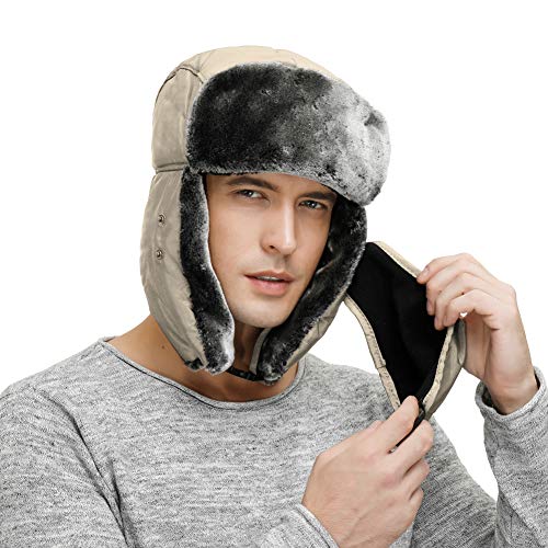 Trapper Hat Winter Hats for Men Trooper Hunting Ski Hat Women Ear Flap Windproof Mask - color: Beige