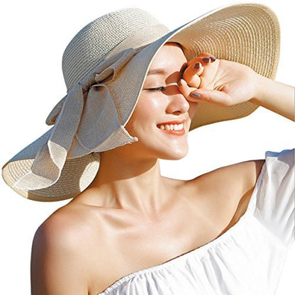 Lanzom Womens 5.7 Inches Big Bowknot Straw Hat Large Floppy Foldable Roll up Beach Cap Sun Hat UPF 50+ - color: Beige