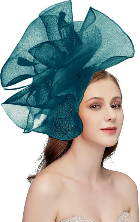 Women's Fascinators Hat for Women Tea Party Headband Wedding Cocktail Flower Mesh Feathers Hair Clip - color: 01 Peacock Blue