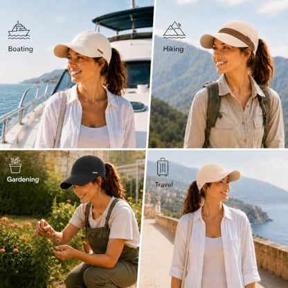 UPF 50+ Foldable Packable Wide Brim Sun Hat for Women with Ponytail Hole - color: Beige