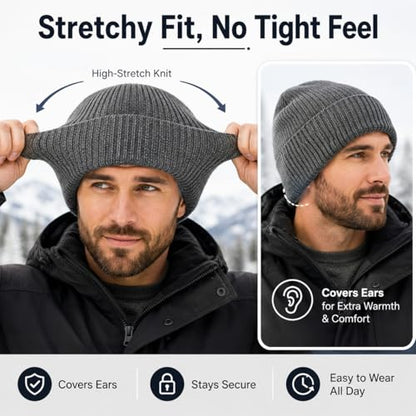 Plus Size Fleece Lined Beanie Hat - M/L/XXL Merino Wool Beanie Hat for Men - color: Dark Gray, size: Medium-Large