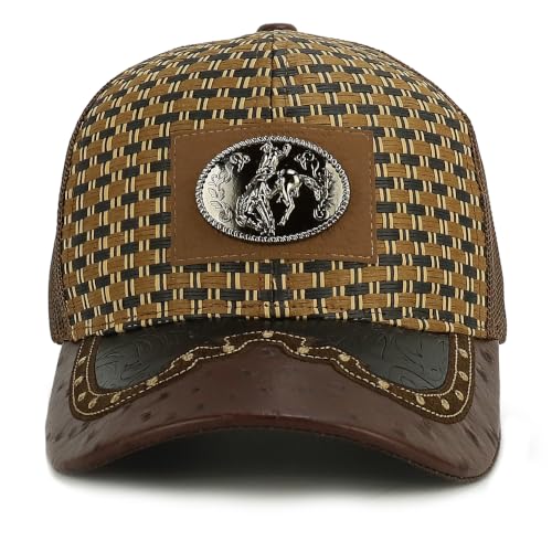 Straw Design Metallic Rodeo Cowboy Horse Metal Logo Trucker Mesh Baseball Cap - color: Dark Brown Brown