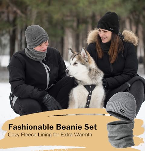 Wmcaps Fleece Lined Beanie Scarf Set, Warm Knit Hat for Men Women - color: Brown