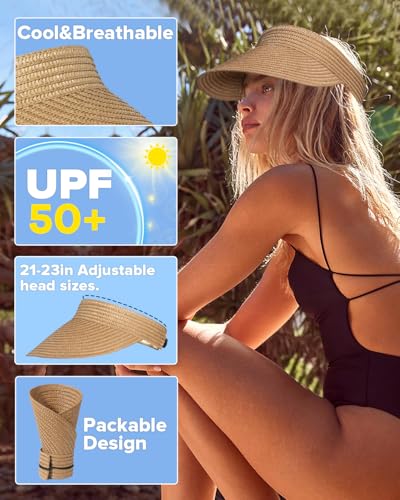 EW EastWater Beach Sun Visor Hats for Women, Wide Brim UPF50+ Sun Protection Straw Hat Packable Foldable for Summer - color: Khaki, size: Medium