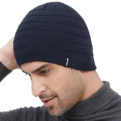 Mens Winter Beanie Hat Warm Knit Cuffed Plain Toboggan Ski Skull Cap (3 Patterns) - color: Navy1