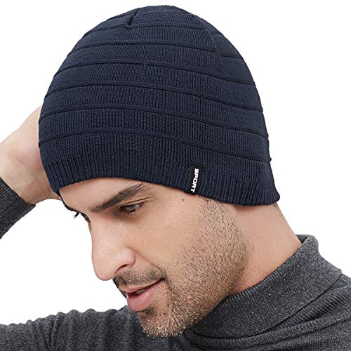 Mens Winter Beanie Hat Warm Knit Cuffed Plain Toboggan Ski Skull Cap (3 Patterns) - color: Navy1