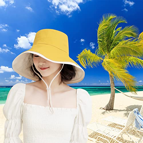 HUAMULAN Women Summer Vacation Wide Brim Sun Hat Reversible Fishing Hats - color: M9607-huang
