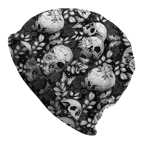 Flower Sugar Skull Beanie Hat Adult Skull Cap Warm Slouchy Knit Hat Headwear Gift for Men Women - color: Black