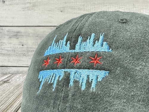 America State City Flag Hats - color: Chicago Illinois Skyline Flag (Army Green)
