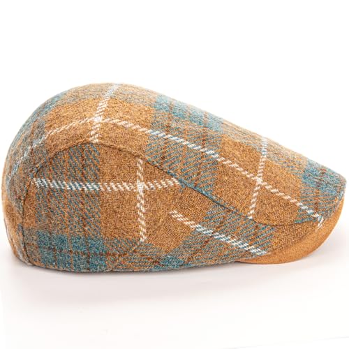 Men Wool Blend Flat-Top Tweed Newsboy Hat/Ivy Cap/Adjustable Plaid Driver's Hat - color: Khaki
