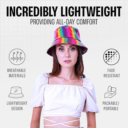 Rave Bucket Hat for Women & Men - Cute Bucket Hats - Festival Hat Adjustable 50+ SPF Protection Rave Accessories - color: Holographic Rainbow