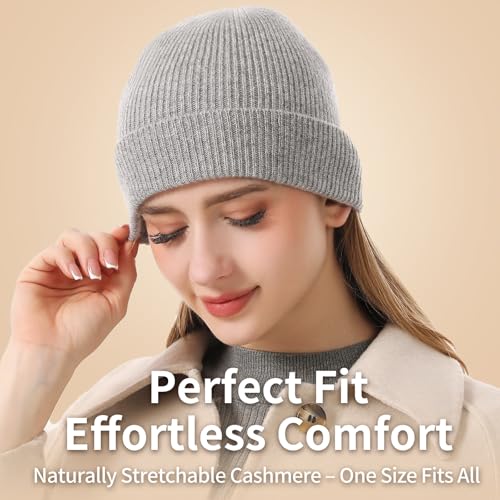 100% Cashmere Beanie for Women and Men, Soft Warm Winter Knit Hat - color: Gray