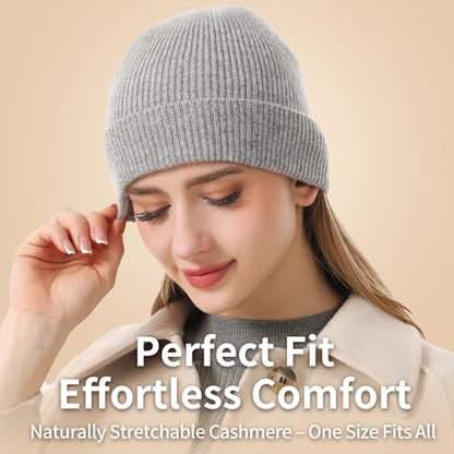 100% Cashmere Beanie for Women and Men, Soft Warm Winter Knit Hat - color: Gray