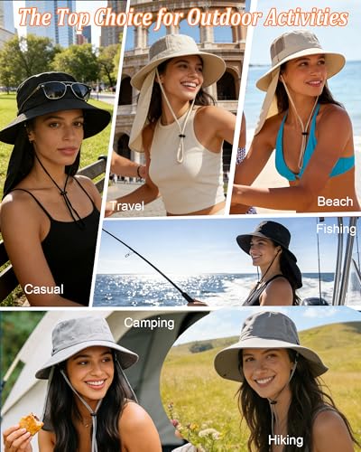 Womens Sun Hat Outdoor UV Protection Foldable Packable Bucket Hat with Detachable Neck Flap Beach Fishing Hiking - color: Beige