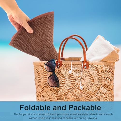 DRESHOW Big Straw Sun Hats for Women Floppy Foldable Roll up Beach Cap Sun Hat UPF 50+ Vacation Honeymoon Embroidered Hat - color: 1 Pack Medium Size: Coffee Brown (Head Circumference 22-22.8")