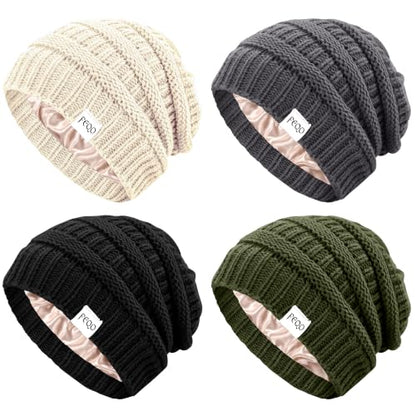 FEQO 4 Pack Satin Lined Beanies Slouchy Beanie Oversized Cable Knit Caps - color: Black, Army, Dark Gray, Beige