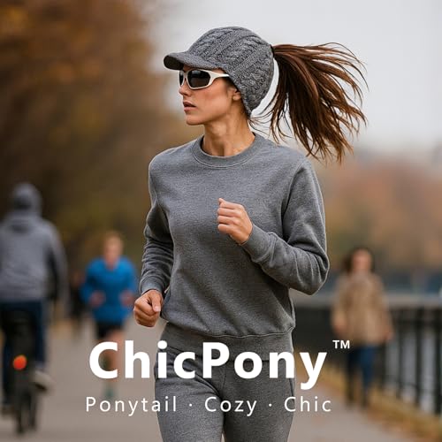 ChicPony™ Merino Wool Visor Ponytail Beanie with Brim Fleece Lined 3 Bun Openings Hole Warm Windproof Knit Cap Winter Hat - color: Urban Grey(pony)