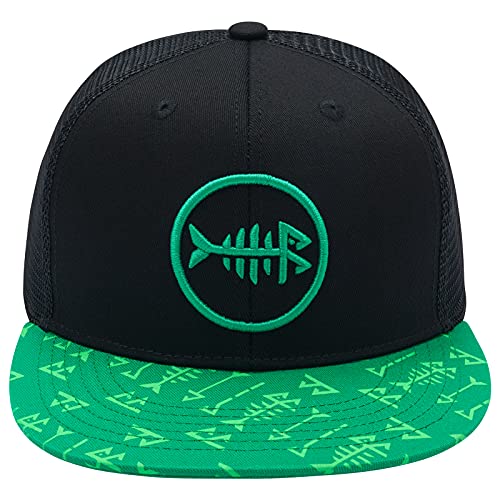 BASSDASH Flat Brim Trucker Cap Adjustable Snapback Hat Mesh Back for Men Women - color: Green and Black