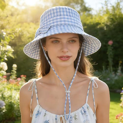 Women's Summer Plaid Sun Hat 100% Cotton Beach UV Protection Fishing Hat - color: Blue