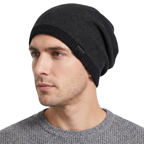 Fleece Lined Mens Beanie Scarf Set Thick Knit Winter Hat Neck Warmer Unisex - color: Black