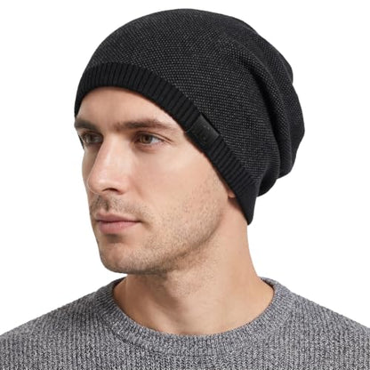 Fleece Lined Mens Beanie Scarf Set Thick Knit Winter Hat Neck Warmer Unisex - color: Black
