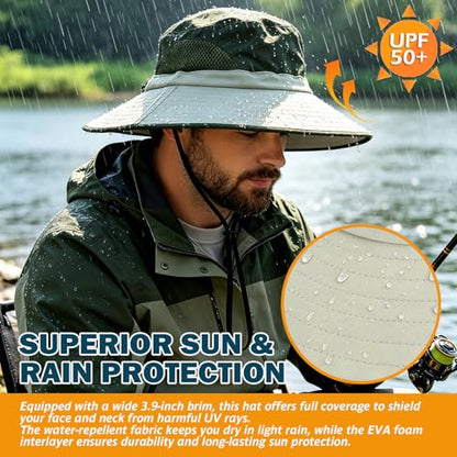 Wide Brim Sun Bucket Hat, Waterproof Boonie Hat for Men & Women - color: 02 Beige+army Green