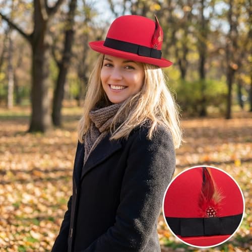 Classic Fedora Hat with Feather, Dome Hard Bowler Cap - color: Red