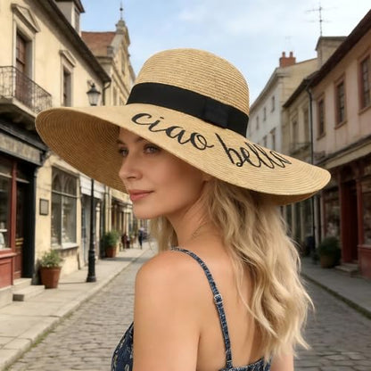 DRESHOW Big Straw Sun Hats for Women Floppy Foldable Roll up Beach Cap Sun Hat UPF 50+ Vacation Honeymoon Embroidered Hat - color: Ae Ciao Bella: Khaki