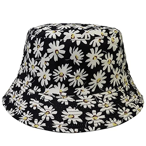 Falari Reversible Bucket Hat for Men Women Summer Travel Beach Outdoor Fishing Hat 100% Cotton - color: J617-black-flower