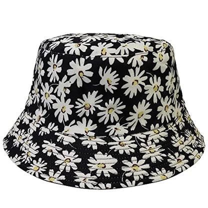 Falari Reversible Bucket Hat for Men Women Summer Travel Beach Outdoor Fishing Hat 100% Cotton - color: J617-black-flower