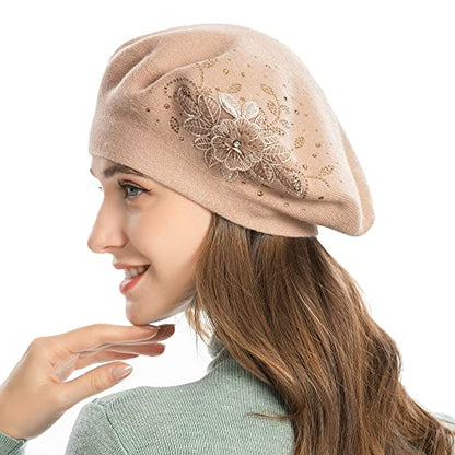 ZLYC Women French Beret Hat Reversible Solid Color Mosaic Warm Artist Cap - color: Flower Beige