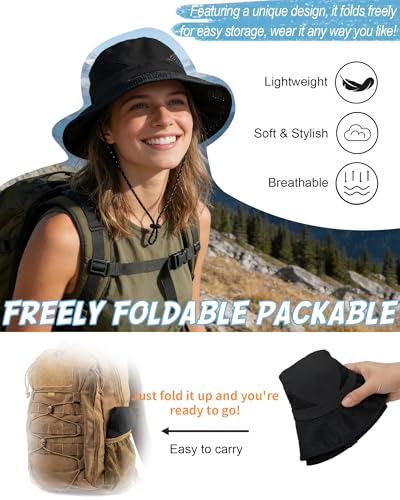 Women's Sun Hat with Ponytail Hole, Breathable Foldable Summer Hat with Shapeable Brim for Hiking Beach Gardening - color: Black