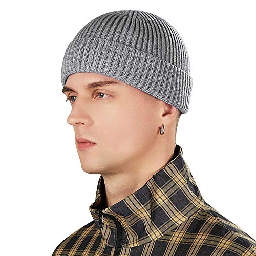 vidsel Wool Knit Cuff Short Fisherman Beanie for Men Women, Winter Warm Hat - color: Grey